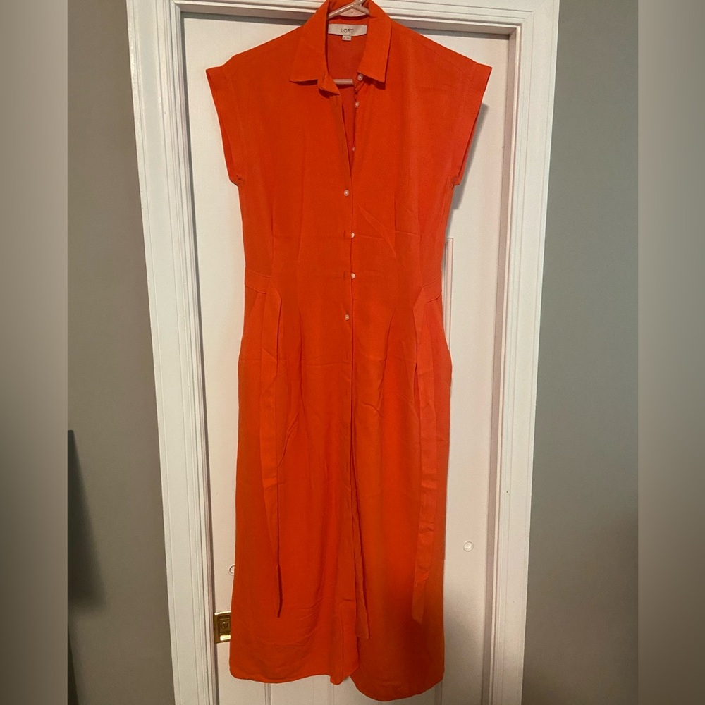 Loft Orange Short Sleeve Tee Dress with Buttons and Tie